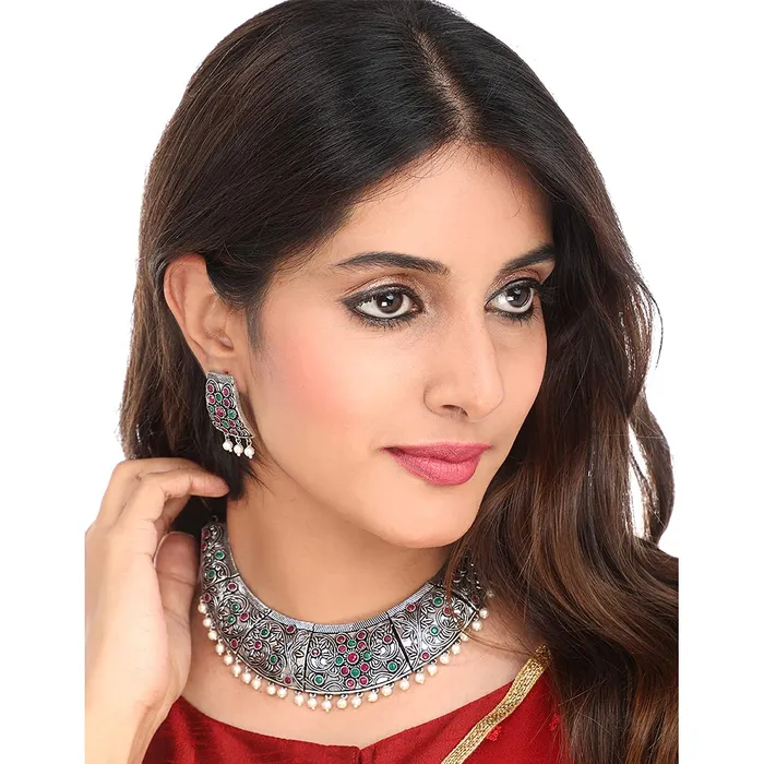 Yellow Chimes Ethnic German Silver Oxidised Multicolour studded Stones Hand made Dori Thread Choker Necklace Set Traditional Jewellery Set for Women and Girls Medium YCTJNS39OXDSTNMC Yellow Chimes Necklaces
