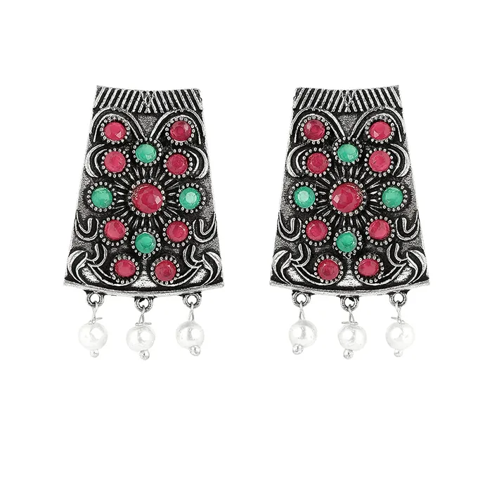 Yellow Chimes Ethnic German Silver Oxidised Multicolour studded Stones Hand made Dori Thread Choker Necklace Set Traditional Jewellery Set for Women and Girls Medium YCTJNS39OXDSTNMC Yellow Chimes Necklaces