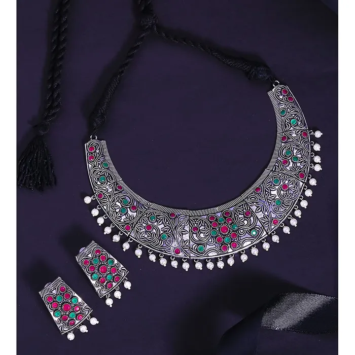 Yellow Chimes Ethnic German Silver Oxidised Multicolour studded Stones Hand made Dori Thread Choker Necklace Set Traditional Jewellery Set for Women and Girls Medium YCTJNS39OXDSTNMC Yellow Chimes Necklaces