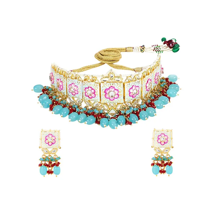 Yellow Chimes Ethnic Gold Plated Studded Kundan Beads Flower Design Jewellery Set Multicolour Meenakari Choker Necklace Set for Women and Girls Design 1 Yellow Chimes PreStyled Sets Yellow Chimes Ethnic Gold Plated Studded Kundan Beads Flower Design Jewellery Set Multicolour Meenakari Choker Necklace Set for Women and Girls Design 1 Yellow Chimes PreStyled Sets