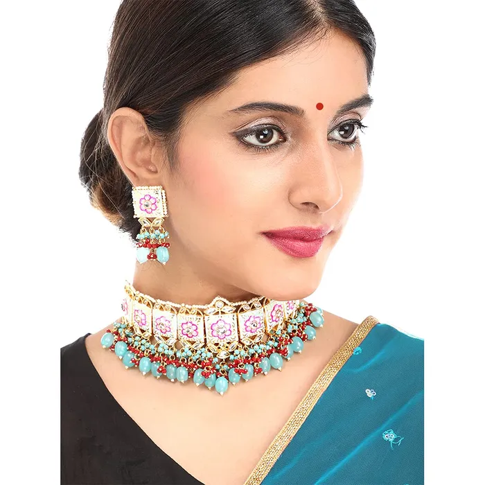 Yellow Chimes Ethnic Gold Plated Studded Kundan Beads Flower Design Jewellery Set Multicolour Meenakari Choker Necklace Set for Women and Girls Design 1 Yellow Chimes PreStyled Sets