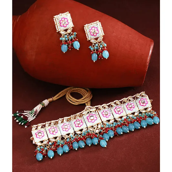 Yellow Chimes Ethnic Gold Plated Studded Kundan Beads Flower Design Jewellery Set Multicolour Meenakari Choker Necklace Set for Women and Girls Design 1 Yellow Chimes PreStyled Sets