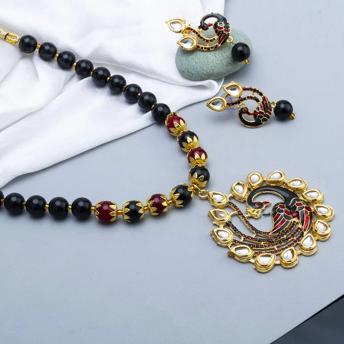 Yellow Chimes Exquisite Gold Plated Pearl Beads Kundan Studded Peacock Design Traditional Pendant Necklace Set with Earrings Jewellery Set for Women Yellow Chimes Earrings