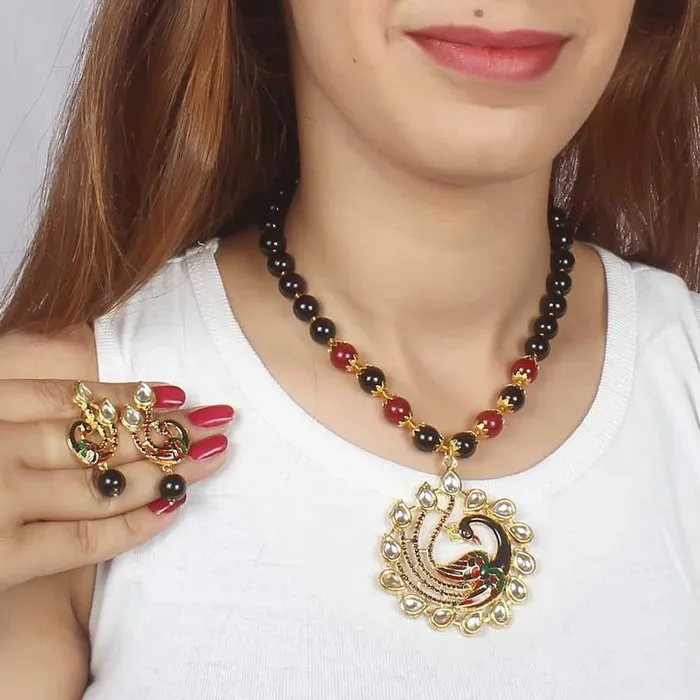 Yellow Chimes Exquisite Gold Plated Pearl Beads Kundan Studded Peacock Design Traditional Pendant Necklace Set with Earrings Jewellery Set for Women Yellow Chimes Earrings