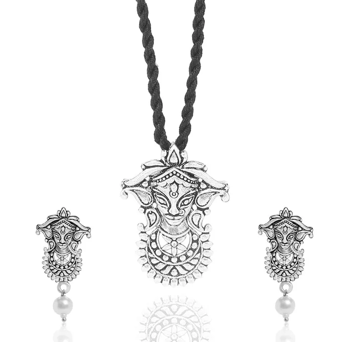 Yellow Chimes German Silver Oxidized Handmade Dori Thread Worked Durga Ma Charm Pendant Necklace Set for Women and Girls Yellow Chimes Necklaces Yellow Chimes German Silver Oxidized Handmade Dori Thread Worked Durga Ma Charm Pendant Necklace Set for Women and Girls Yellow Chimes Necklaces