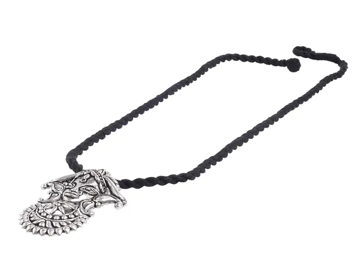Yellow Chimes German Silver Oxidized Handmade Dori Thread Worked Durga Ma Charm Pendant Necklace Set for Women and Girls Yellow Chimes Necklaces