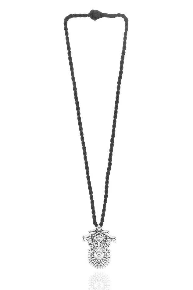 Yellow Chimes German Silver Oxidized Handmade Dori Thread Worked Durga Ma Charm Pendant Necklace Set for Women and Girls Yellow Chimes Necklaces