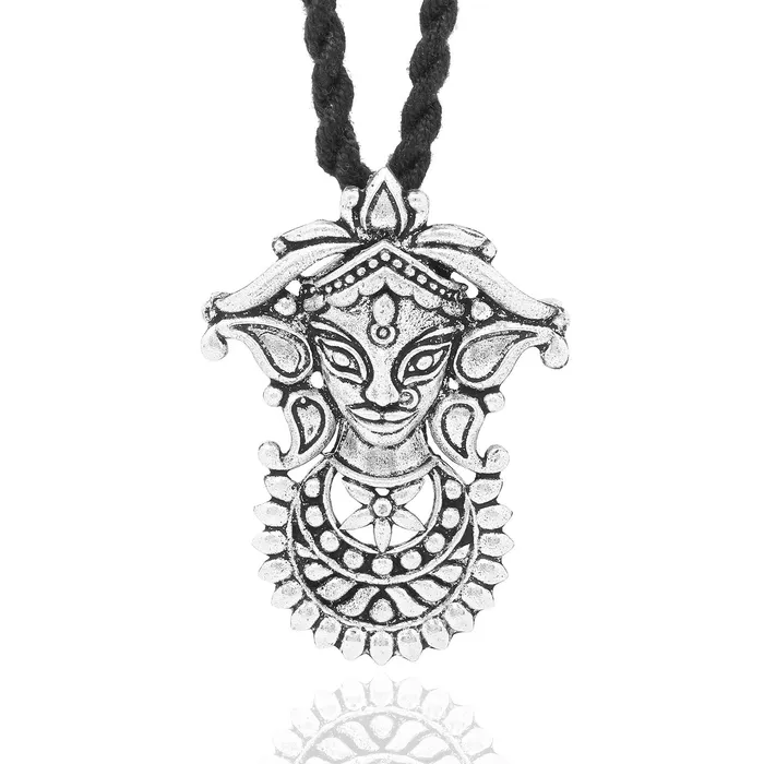 Yellow Chimes German Silver Oxidized Handmade Dori Thread Worked Durga Ma Charm Pendant Necklace Set for Women and Girls Yellow Chimes Necklaces