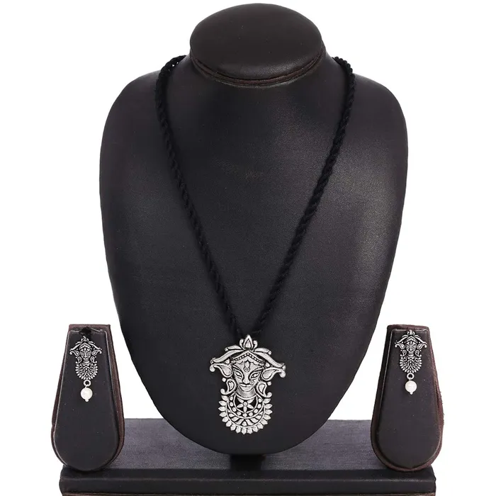 Yellow Chimes German Silver Oxidized Handmade Dori Thread Worked Durga Ma Charm Pendant Necklace Set for Women and Girls Yellow Chimes Necklaces