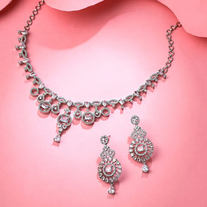 Yellow Chimes Jewellery Set for Women and Girls American Diamond Jewellery Set Silver Tone Drop Designed White AD Necklace Set Birthday Gift for girls and women Anniversary Gift for Wife Yellow Chimes Necklaces