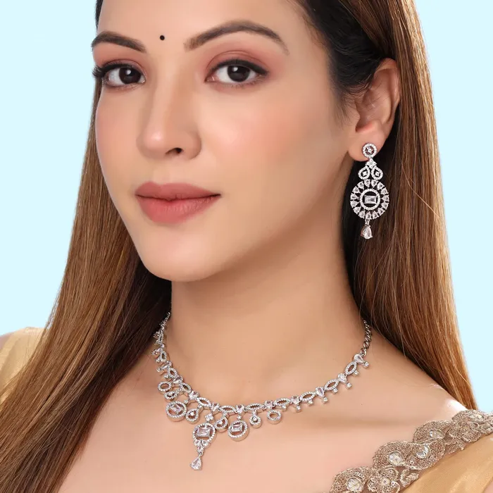 Yellow Chimes Jewellery Set for Women and Girls American Diamond Jewellery Set Silver Tone Drop Designed White AD Necklace Set Birthday Gift for girls and women Anniversary Gift for Wife Yellow Chimes Necklaces