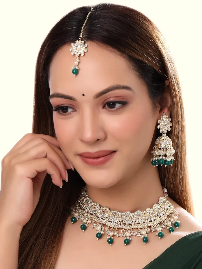 Yellow Chimes Jewellery Set for Women and Girls Kundan Necklace Set Gold Plated Kundan Studded Green Beads Drop Necklace Set Birthday Gift for girls and women Anniversary Gift for Wife Yellow Chimes Necklaces