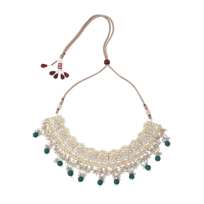 Yellow Chimes Jewellery Set for Women and Girls Kundan Necklace Set Gold Plated Kundan Studded Green Beads Drop Necklace Set Birthday Gift for girls and women Anniversary Gift for Wife Yellow Chimes Necklaces