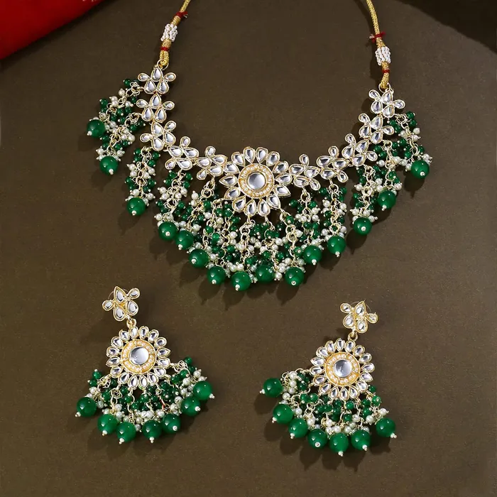 Yellow Chimes Jewellery Set for Women and Girls Traditional Kundan Necklaces Set Gold Plated Green Beads Drop Kundan Set Birthday Gift for girls and women Anniversary Gift for Wife Yellow Chimes Bracelets