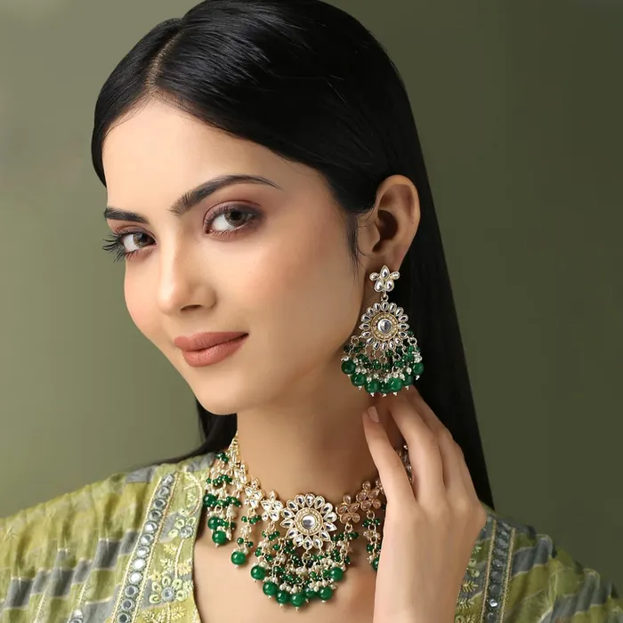 Yellow Chimes Jewellery Set for Women and Girls Traditional Kundan Necklaces Set Gold Plated Green Beads Drop Kundan Set Birthday Gift for girls and women Anniversary Gift for Wife Yellow Chimes Bracelets