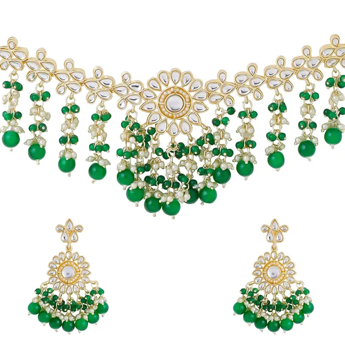 Yellow Chimes Jewellery Set for Women and Girls Traditional Kundan Necklaces Set Gold Plated Green Beads Drop Kundan Set Birthday Gift for girls and women Anniversary Gift for Wife Yellow Chimes Bracelets