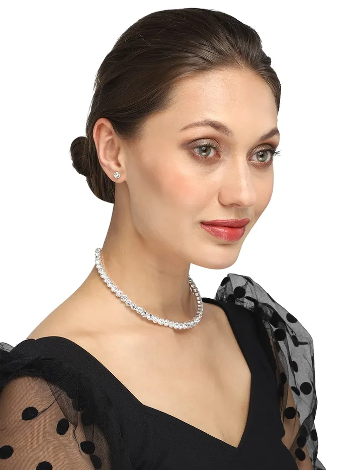 Yellow Chimes Jewellery Set for Women and Girls White Crystal Jewellery Set for Women Silver ToneCrystal Choker Necklace Set Birthday Gift for girls and women Anniversary Gift for Wife Yellow Chimes Necklaces