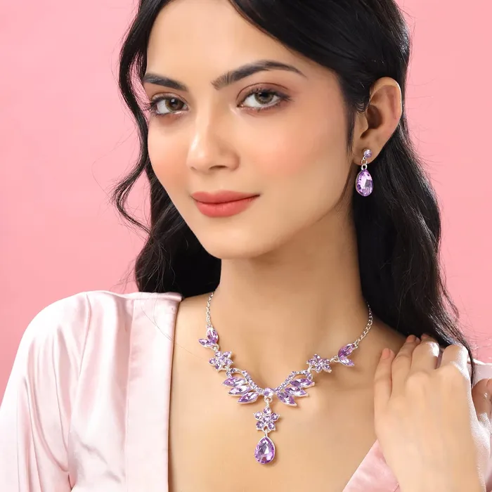 Yellow Chimes Jewellery Set For Women Floral Crystal Studded Silver Toned Designed Necklace Set For Women and Girls Yellow Chimes Earrings