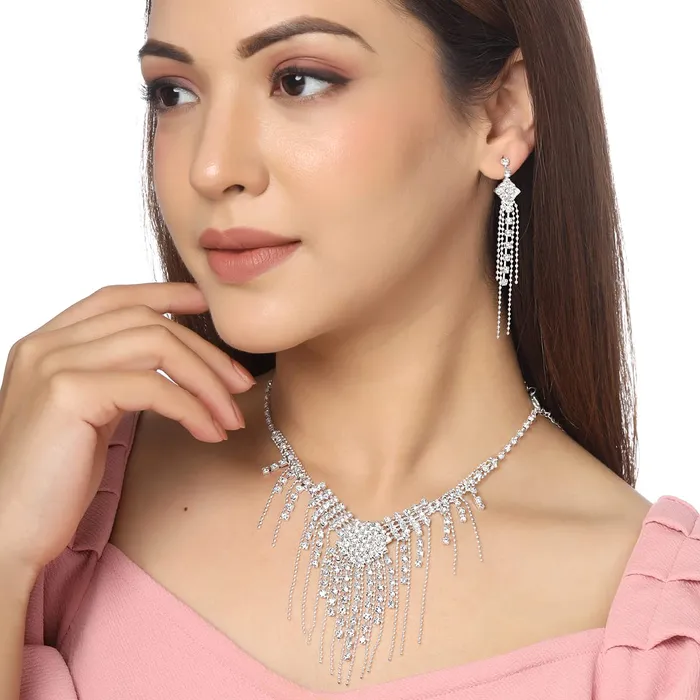 Yellow Chimes Jewellery Set For Women Silver Toned Drop Chain Designed Necklace Set With Earring For Women and Girls Yellow Chimes Earrings