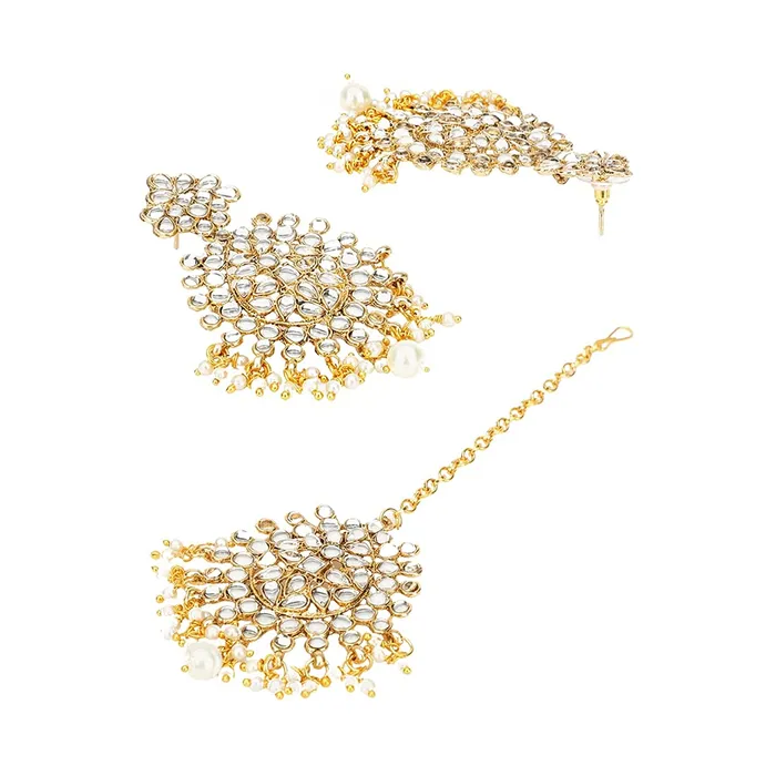 Yellow Chimes Kundan Jewellery Set for Women Gold Plated Kundan Earrings White Pearl Dangler Earrings With Maangtikka Set for Women and Girls Yellow Chimes Earrings