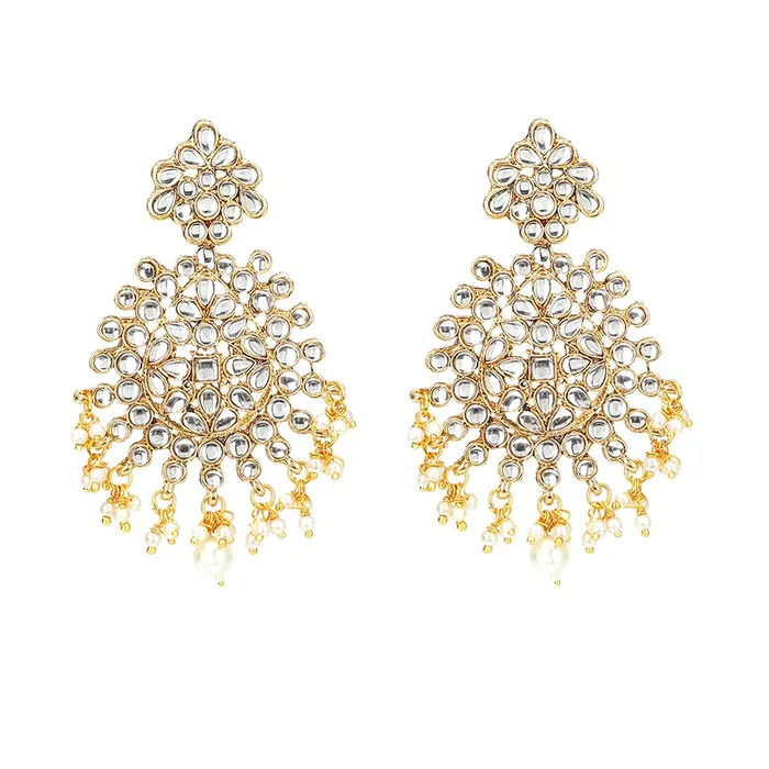 Yellow Chimes Kundan Jewellery Set for Women Gold Plated Kundan Earrings White Pearl Dangler Earrings With Maangtikka Set for Women and Girls Yellow Chimes Earrings