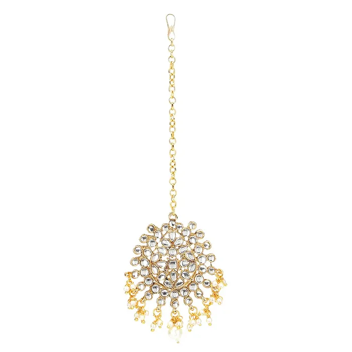Yellow Chimes Kundan Jewellery Set for Women Gold Plated Kundan Earrings White Pearl Dangler Earrings With Maangtikka Set for Women and Girls Yellow Chimes Earrings