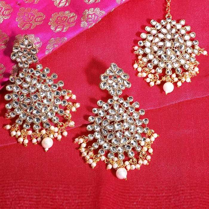 Yellow Chimes Kundan Jewellery Set for Women Gold Plated Kundan Earrings White Pearl Dangler Earrings With Maangtikka Set for Women and Girls Yellow Chimes Earrings
