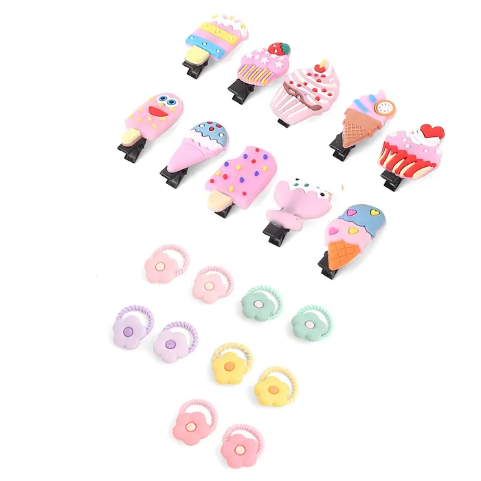 Yellow Chimes Melbees by Yellow Chimes Hair Clips Rubber Bands for Kids Multicolor Floral Icecream Shaped Rubberbands With Hairclips for Kids and Girls Hair Accessories for Girls and Kids Necklaces