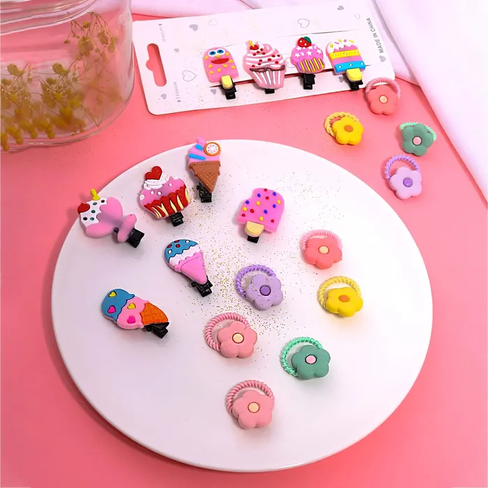 Yellow Chimes Melbees by Yellow Chimes Hair Clips Rubber Bands for Kids Multicolor Floral Icecream Shaped Rubberbands With Hairclips for Kids and Girls Hair Accessories for Girls and Kids Necklaces
