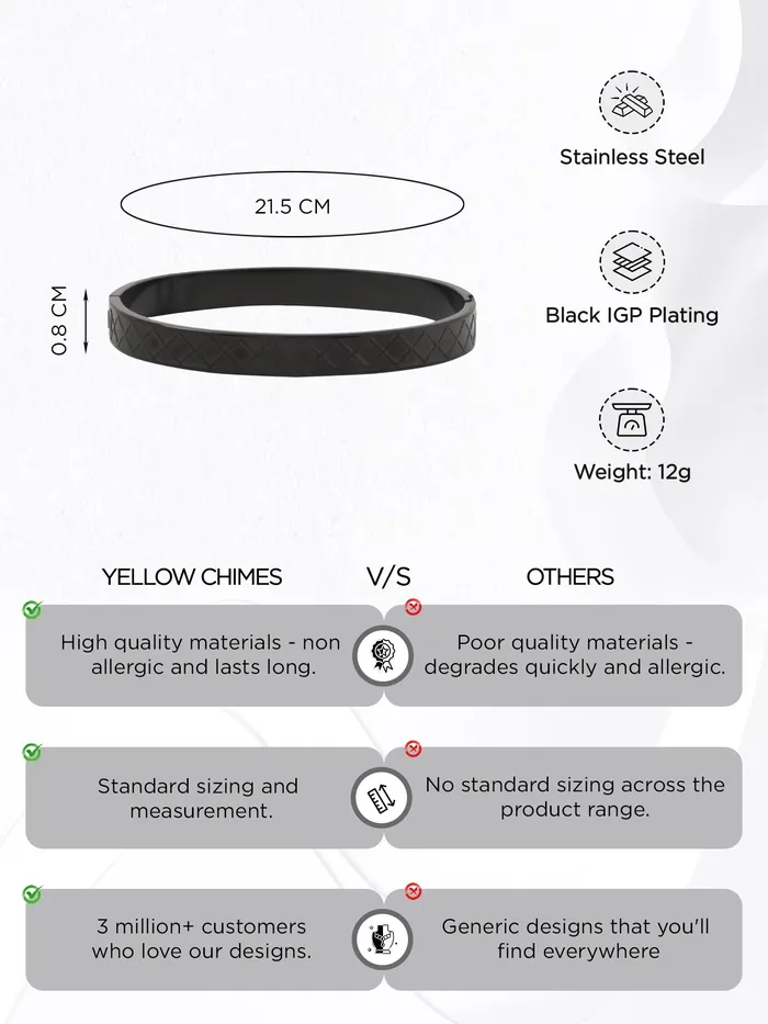 Yellow Chimes Mens Kada Bracelet Fashion Black Stainless Steel One Size GiftReady Bracelets