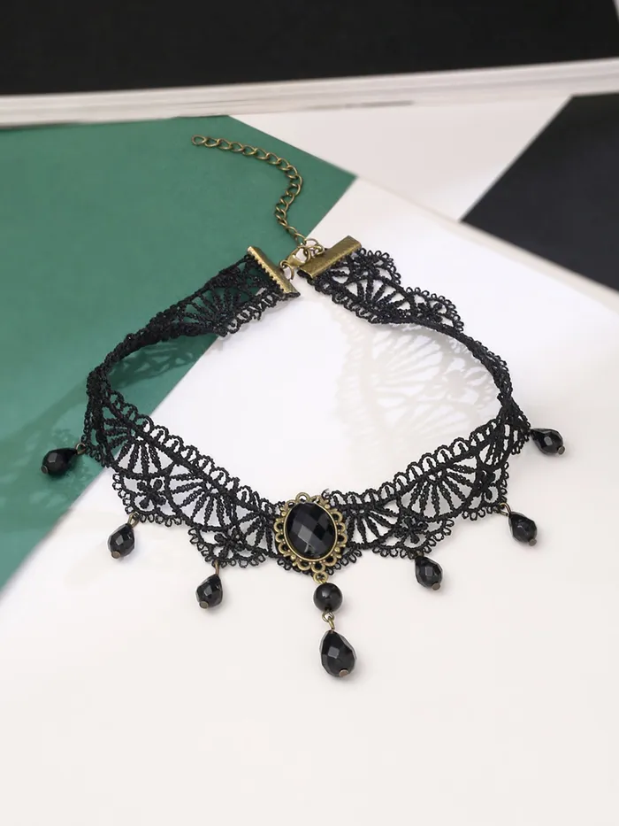 Yellow Chimes Necklace For Women Black Fabric Lace With Black Stone Hanging Choker Necklace For Women and Girls Yellow Chimes Earrings