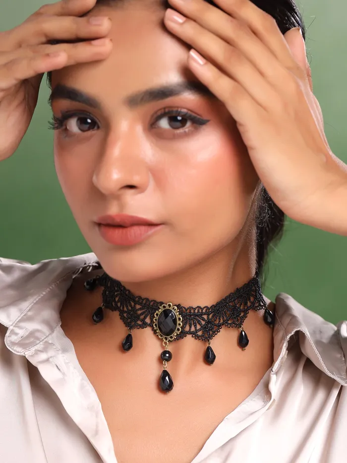 Yellow Chimes Necklace For Women Black Fabric Lace With Black Stone Hanging Choker Necklace For Women and Girls Yellow Chimes Earrings