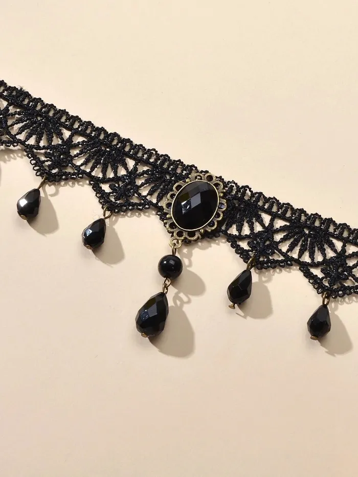 Yellow Chimes Necklace For Women Black Fabric Lace With Black Stone Hanging Choker Necklace For Women and Girls Yellow Chimes Earrings