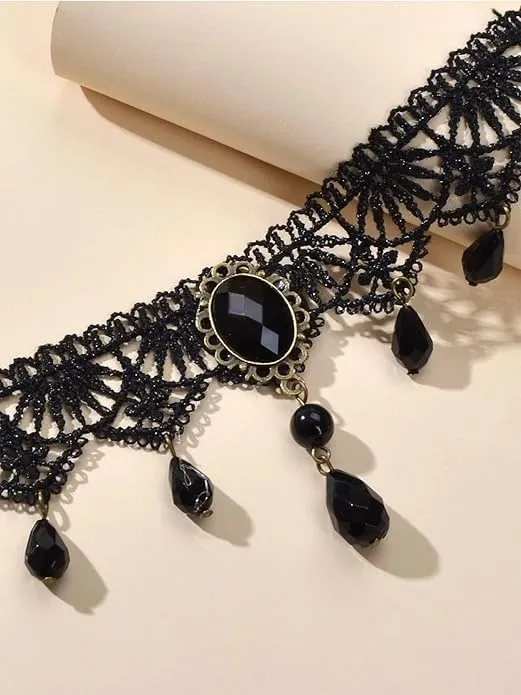 Yellow Chimes Necklace For Women Black Fabric Lace With Black Stone Hanging Choker Necklace For Women and Girls Yellow Chimes Earrings
