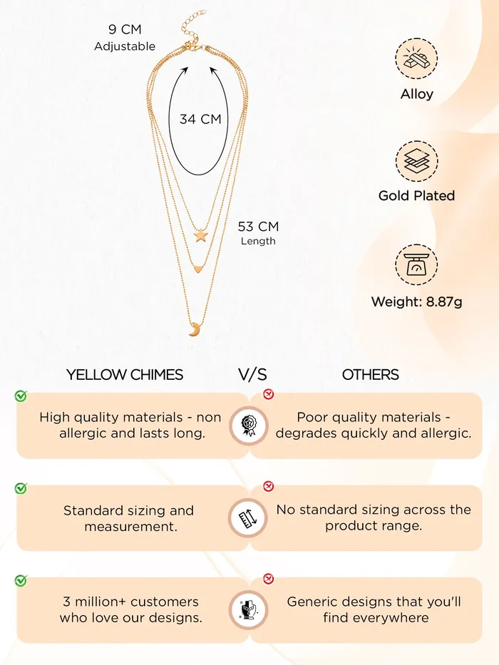 Yellow Chimes Necklaces Multi Layered Chain Necklace Fashion Gold Plated Choker with Moon Heart Star One Size Gold