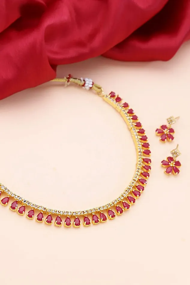 Yellow Chimes Necklaces Yellow Chimes Choker Necklace Set for Women Gold Plated Traditional Jewellery Set Floral Pink Crystal Choker Necklace Set for Women and Girls