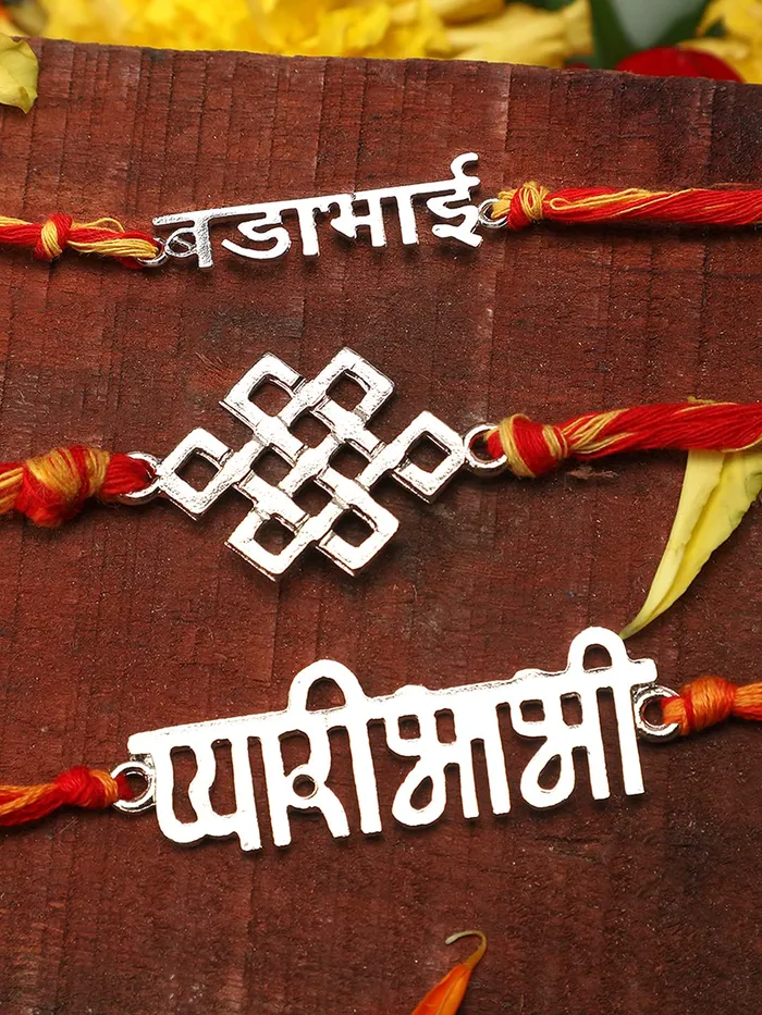 Yellow Chimes Necklaces Yellow Chimes Combo of 3 Pcs Handmade Dori Worked Gold and Silver Toned OM My BRO and Celtic Design Rakhi for Brother with Roli Chawal Red Silver Gold Medium YCTJRK16BHAYSLGL for Men