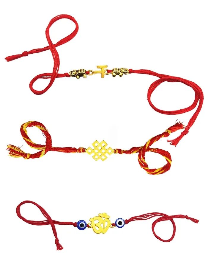 Yellow Chimes Necklaces Yellow Chimes Combo of 3 Pcs Handmade Dori Worked Gold Toned OM Initial Letter N and Celtic Design Evil Eye Beads Rakhi for Brother with Roli Chawal Red Gold Medium YCTJRK27BHAYGL
