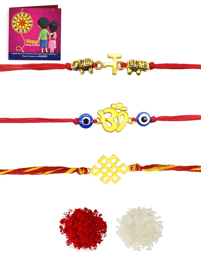 Yellow Chimes Necklaces Yellow Chimes Combo of 3 Pcs Handmade Dori Worked Gold Toned OM Initial Letter N and Celtic Design Evil Eye Beads Rakhi for Brother with Roli Chawal Red Gold Medium YCTJRK27BHAYGL