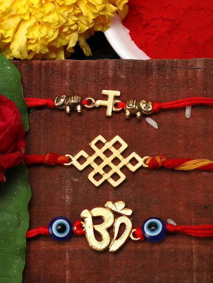 Yellow Chimes Necklaces Yellow Chimes Combo of 3 Pcs Handmade Dori Worked Gold Toned OM Initial Letter N and Celtic Design Evil Eye Beads Rakhi for Brother with Roli Chawal Red Gold Medium YCTJRK27BHAYGL