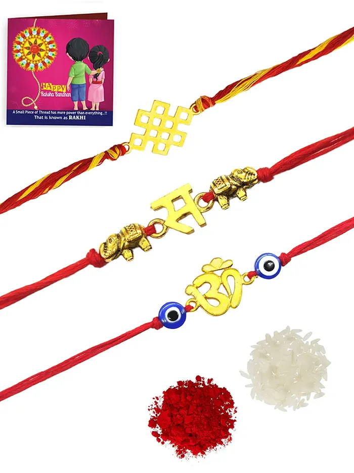 Yellow Chimes Necklaces Yellow Chimes Combo of 3 Pcs Handmade Dori Worked Silver Toned OM Initial Letter V and Celtic Design Evil Eye Beads Rakhi for Brother with Roli Chawal Red Silver Medium YCTJRK24BHAYSL