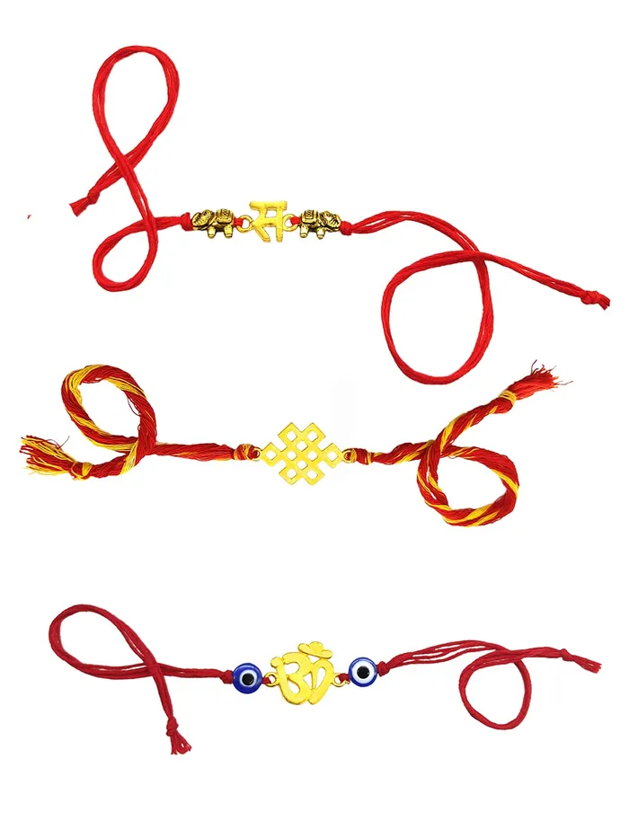 Yellow Chimes Necklaces Yellow Chimes Combo of 3 Pcs Handmade Dori Worked Silver Toned OM Initial Letter V and Celtic Design Evil Eye Beads Rakhi for Brother with Roli Chawal Red Silver Medium YCTJRK24BHAYSL
