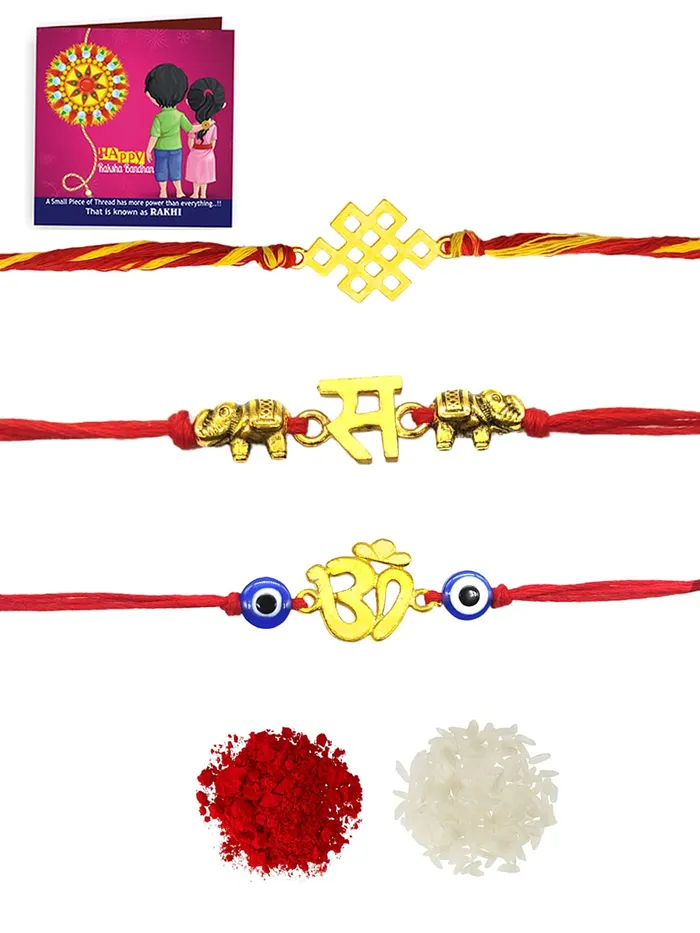 Yellow Chimes Necklaces Yellow Chimes Combo of 3 Pcs Handmade Dori Worked Silver Toned OM Initial Letter V and Celtic Design Evil Eye Beads Rakhi for Brother with Roli Chawal Red Silver Medium YCTJRK24BHAYSL