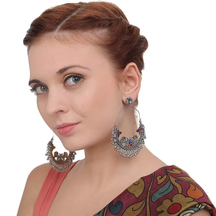 Yellow Chimes Necklaces Yellow Chimes Combo of Two Pairs German Silver Oxidised Chand Bali Bollywood Celebrity Choice Peacock ChandBali Earrings For Women and Girls