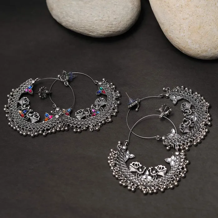Yellow Chimes Necklaces Yellow Chimes Combo of Two Pairs German Silver Oxidised Chand Bali Bollywood Celebrity Choice Peacock ChandBali Earrings For Women and Girls