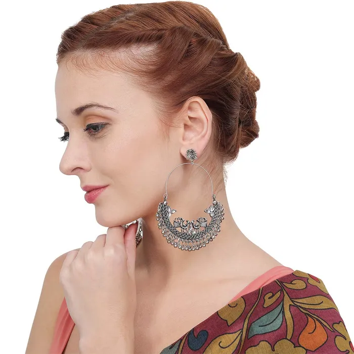 Yellow Chimes Necklaces Yellow Chimes Combo of Two Pairs German Silver Oxidised Chand Bali Bollywood Celebrity Choice Peacock ChandBali Earrings For Women and Girls