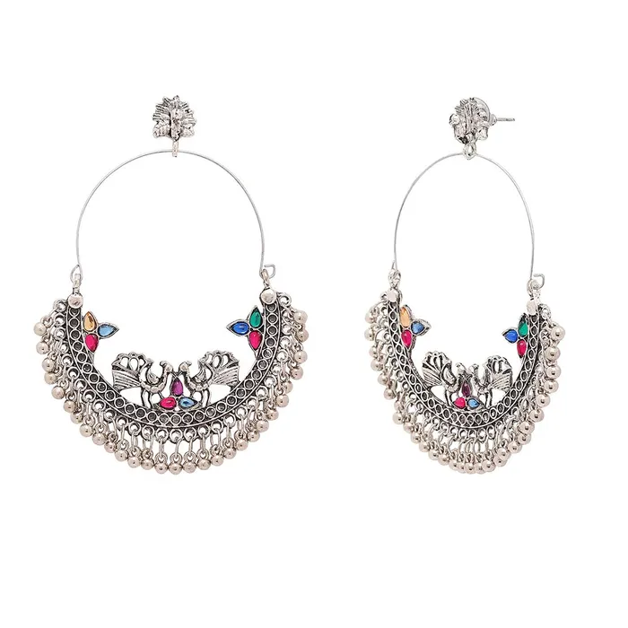 Yellow Chimes Necklaces Yellow Chimes Combo of Two Pairs German Silver Oxidised Chand Bali Bollywood Celebrity Choice Peacock ChandBali Earrings For Women and Girls