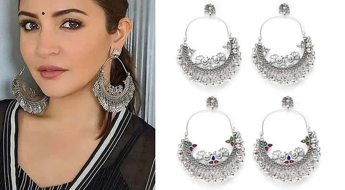 Yellow Chimes Necklaces Yellow Chimes Combo of Two Pairs German Silver Oxidised Chand Bali Bollywood Celebrity Choice Peacock ChandBali Earrings For Women and Girls