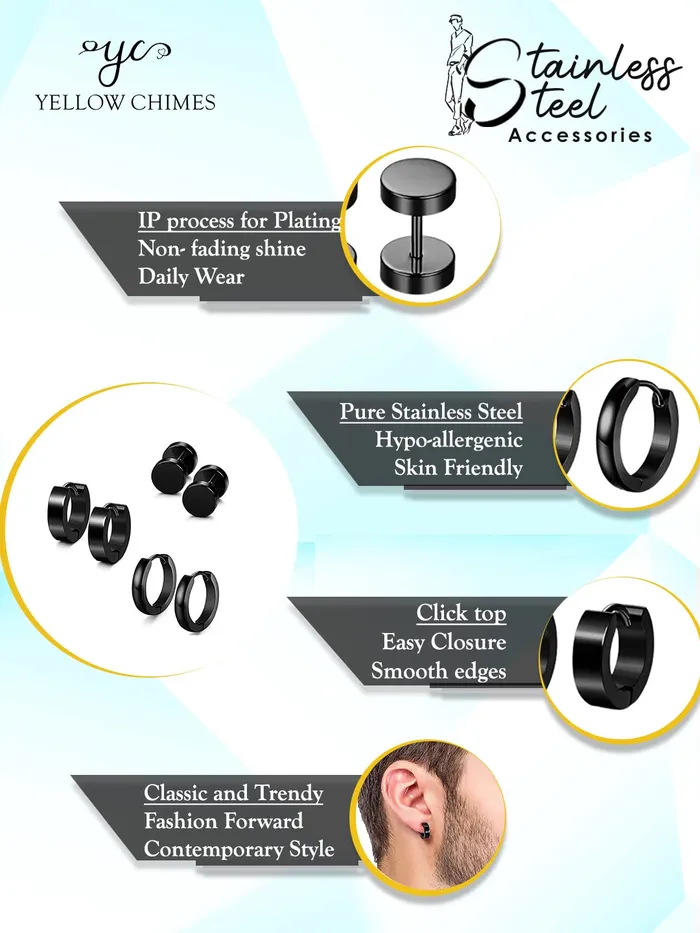 Yellow Chimes Necklaces Yellow Chimes Earrings for Men Boys Fashion Black Studs Set for Men Stainless Steel stud Earrings Combo Accessories Jewellery for Unisex Birthday Anniversary Gift