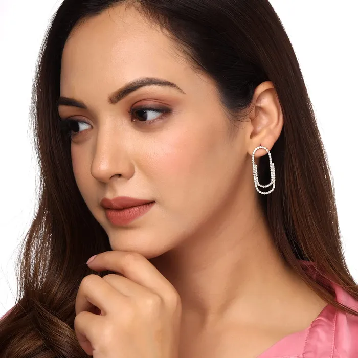 Yellow Chimes Necklaces Yellow Chimes Earrings For Women Gold Tone Pin Shaped Sparkling Crystal Studded Drop Stud Earrings For Women and Girls
